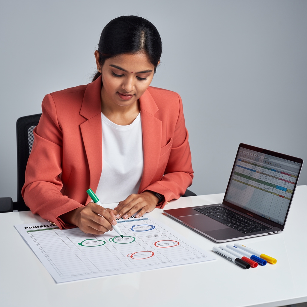 Entrepreneur reviewing a prioritization matrix on paper with colored markers